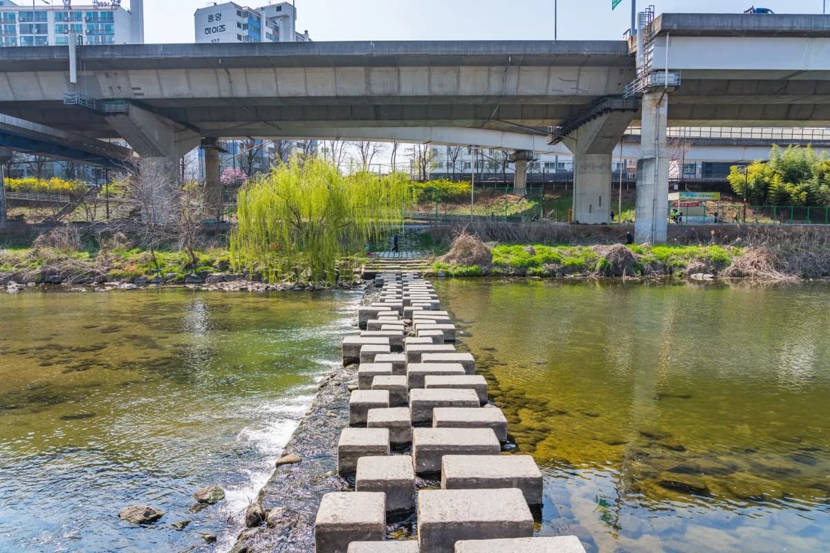 Stepping stones along the stream near Yongdap Station. Goblin’s meeting scene was filmed on the separate elevated footbridge.