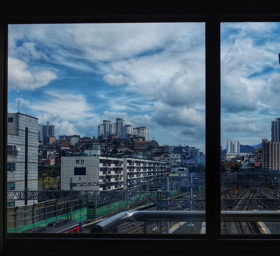 The railway view through Bujeon station’s windows